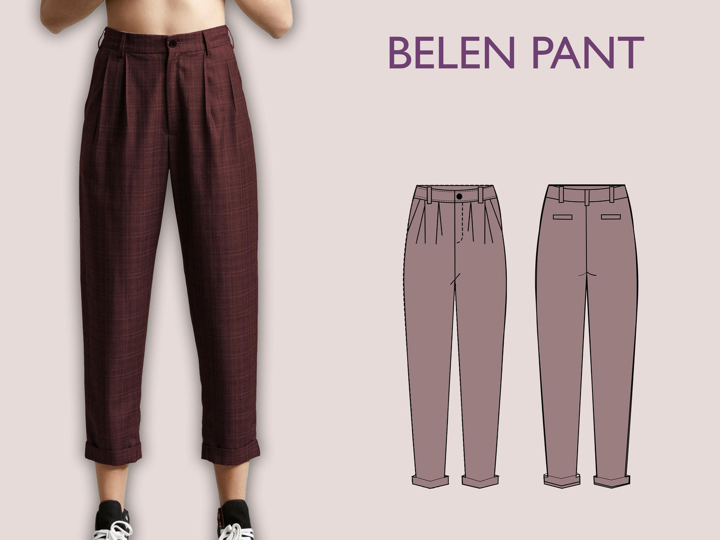 BELEN Pant- cuffed pant pattern | Ankle length women trouser | 70s, 90s pant| stretchy| casual| Women Trouser sewing pattern| Digital Pants