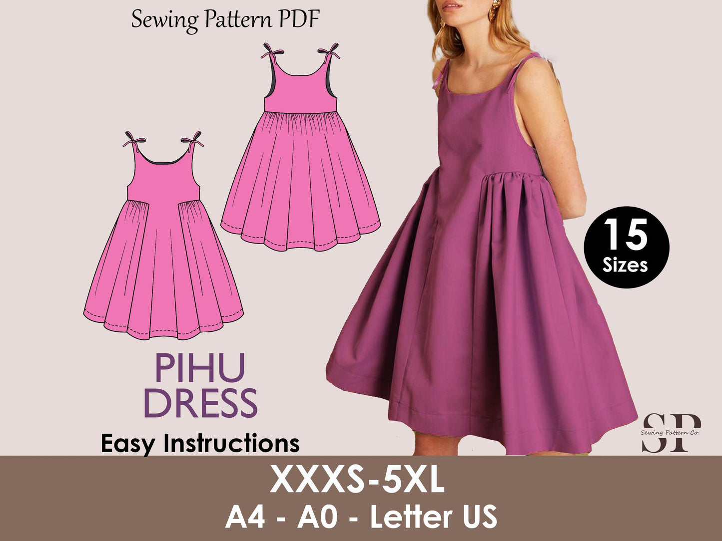 PIHU Dress - flairy bow strap dress | Puffy dress | Women strap dress | one piece | Round neck| Sleeveless | sewing pattern pdf Digital