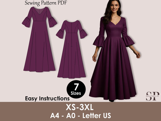 Victorian Renaissance Dress Sewing Pattern PDF | Medieval Cosplay Dress with Bell Sleeves | Tea Length Wedding Dress Pattern