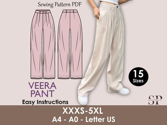 VEERA Pant Sewing Pattern | Wide classic | pleat pant | straight | casual| Elastic waist| Women sewing pattern| Digital Pants Trousers PDF