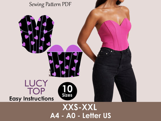 LUCY Top - bustier sweetheart neckline bodice | Heart Corset sewing pattern | Women TOP dress pattern| Bustier, women digital sewing PDF