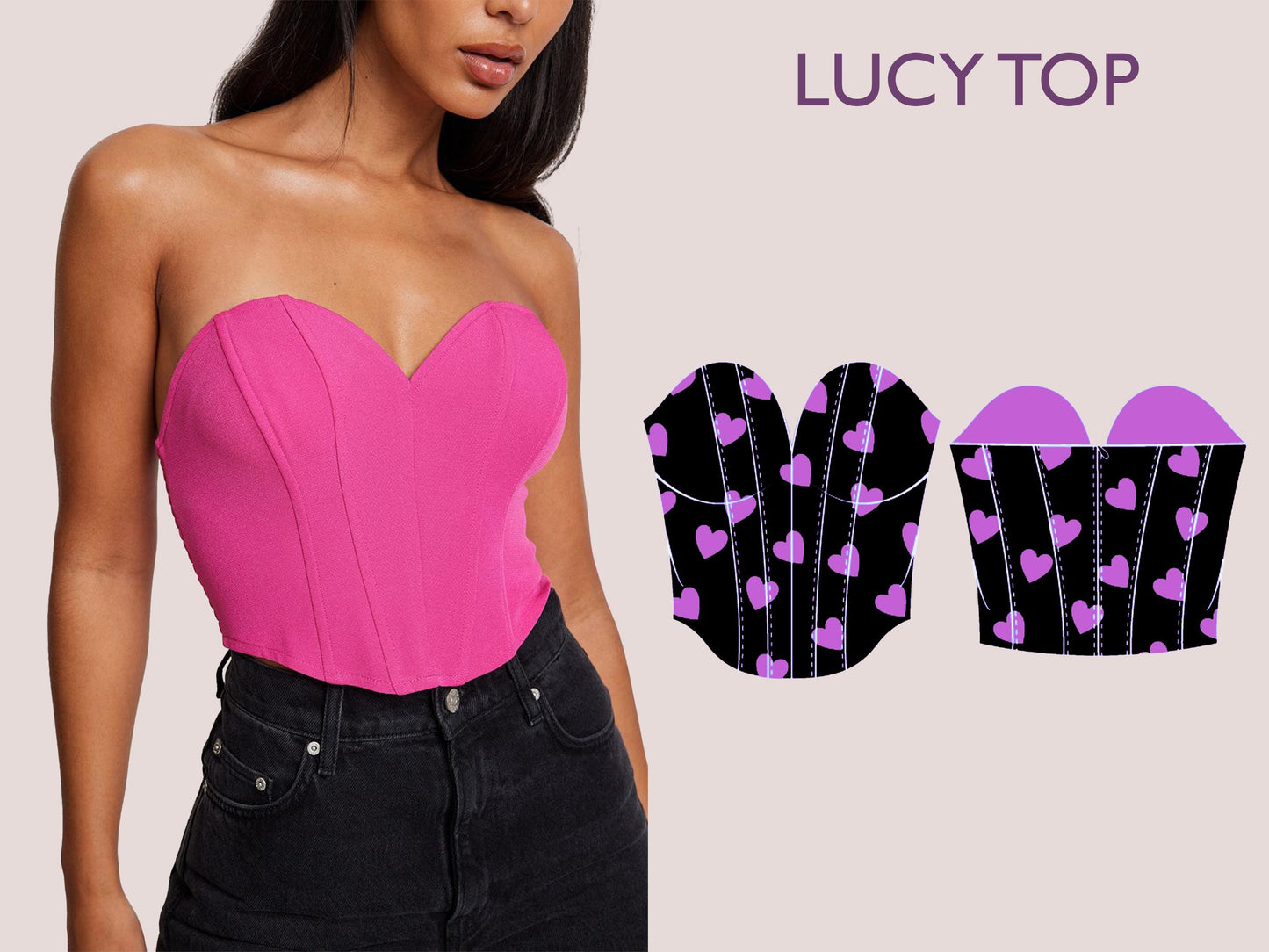 LUCY Top - bustier sweetheart neckline bodice | Heart Corset sewing pattern | Women TOP dress pattern| Bustier, women digital sewing PDF