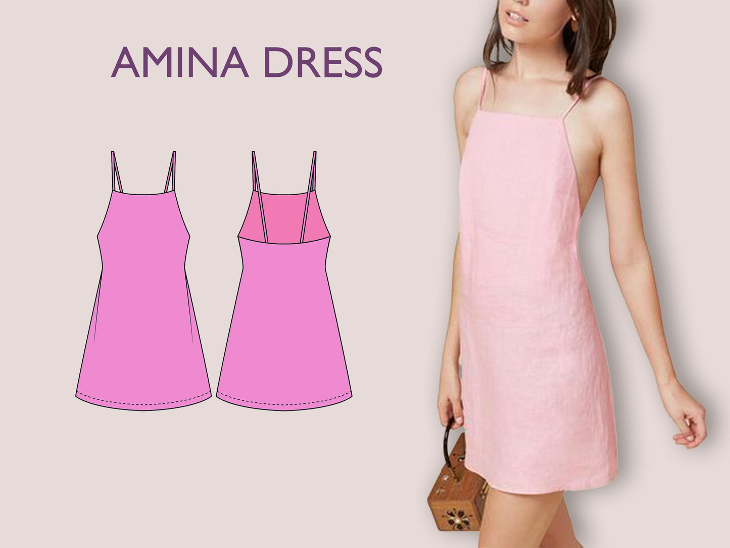 AMINA Dress - backless dress | Minimalist dress | Women dress pattern| one piece | square neckline dress| Sleeveless | sewing pattern pdf