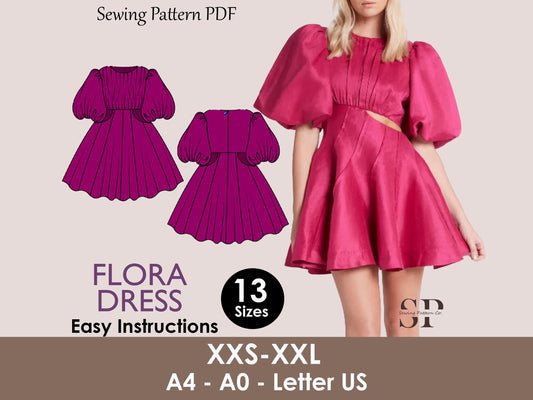 FLORA Dress - Puffy skirt dress| puff sleeve | Women dress pattern| Ruffle dress, Short skirt dress| one piece dress | Birthday, Wedding