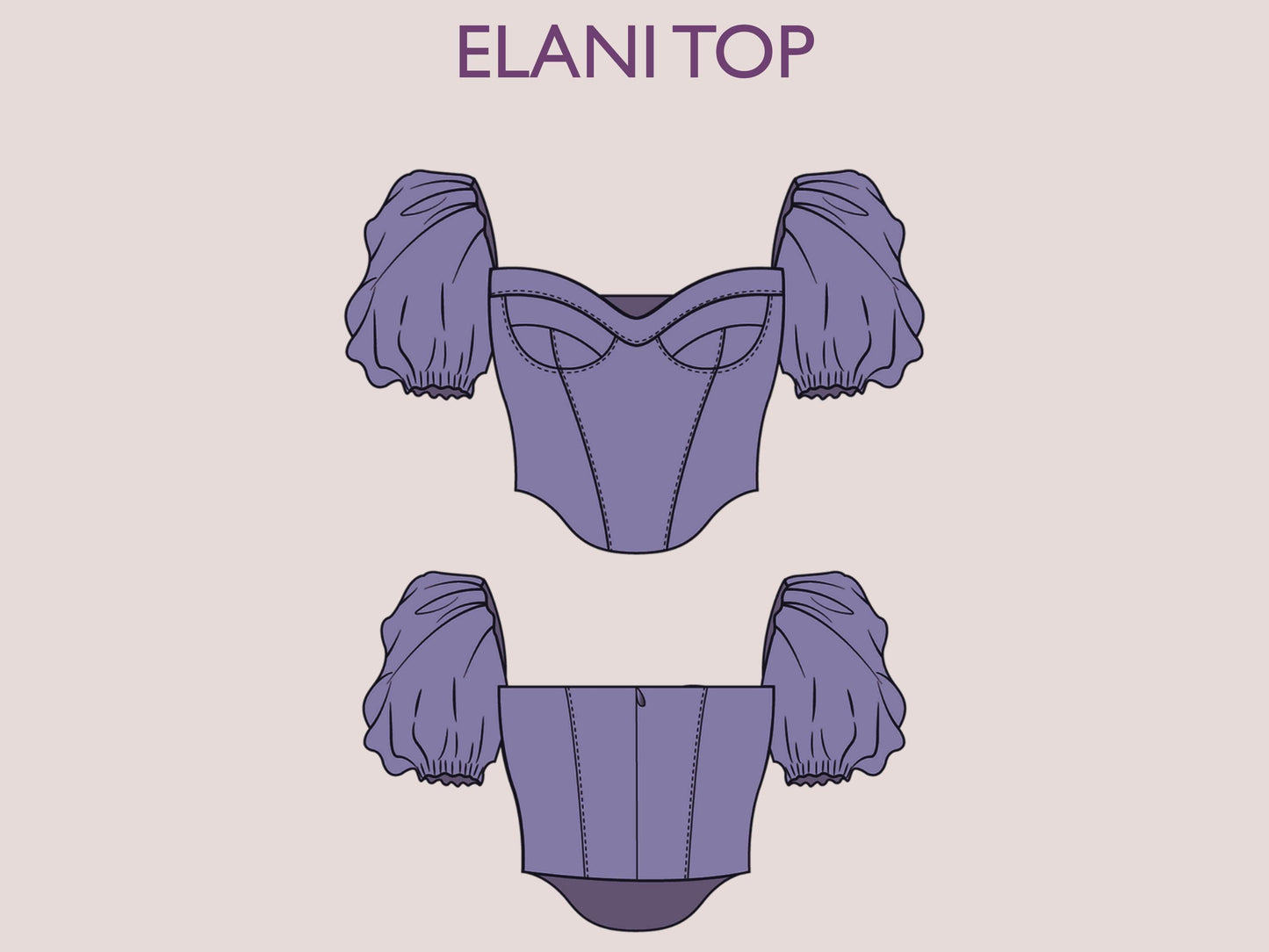 ELANI Top - puff sleeve corset | square Back sewing pattern | Women TOP dress pattern| | bustier Puffed sleeves girl sewing pattern pdf