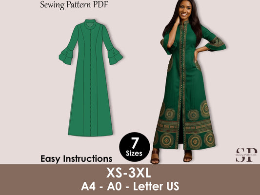 African Maxi Dress Sewing Pattern PDF | Dashiki Style Long Dress | Flared Sleeve & Front Zipper