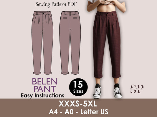 BELEN Pant- cuffed pant pattern | Ankle length women trouser | 70s, 90s pant| stretchy| casual| Women Trouser sewing pattern| Digital Pants
