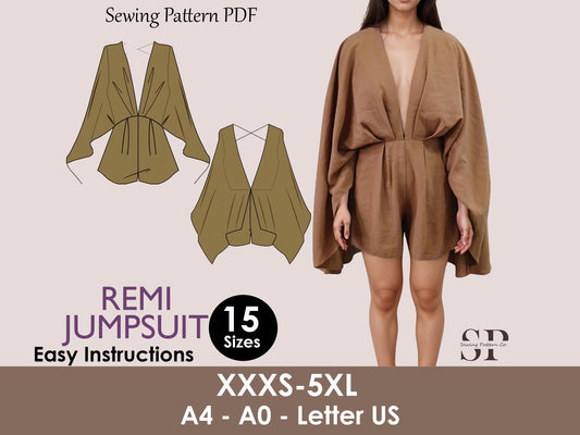 REMI Jumpsuit - Comfy Playsuit| Deep V Neckline | Women ROMPO boho, sewing Pattern PDF