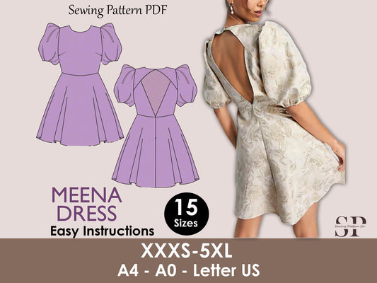 MEENA dress- cutout back dress | puffy sleeve | | Women dress pattern | wedding dress prom| fairy dress| sewing pattern robe patron couture