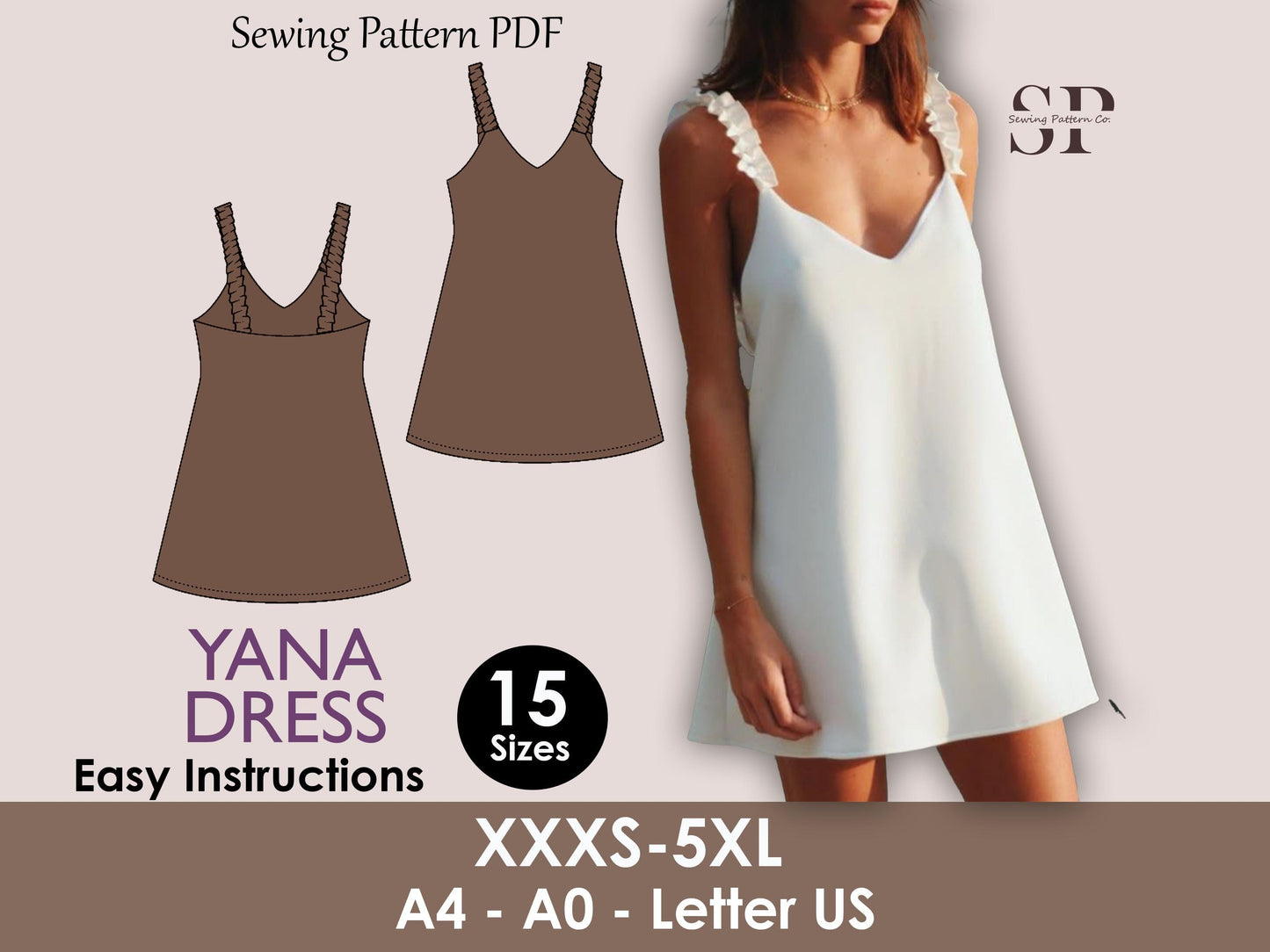 YANA Dress - ruffled strap dress | Bustier dress | Women dress pattern| one piece | V neckline dress| Sleeveless | sewing pattern pdf