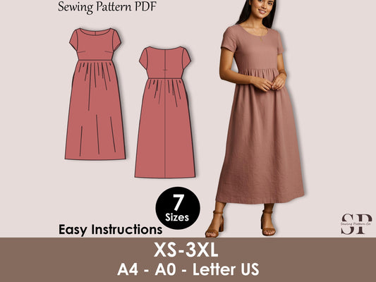 Boat Neck Midi Dress with Pockets, Summer Smock, Linen Sewing Pattern PDF, XS–3XL