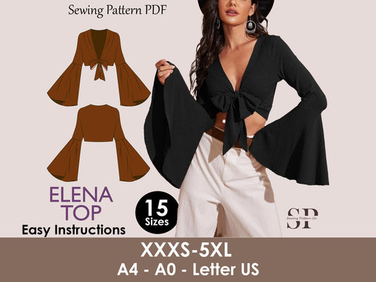 ELENA Top - Fairy sleeves top | 70s inspired pattern | wide sleeve, tie top, V neck | women Top digital sewing Pattern PDF