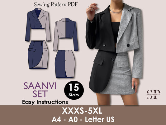 SAANVI Set - crop women blazer pattern| Wrap skirt pattern| Women co-ord set| Women suit, blazzer, jacket sewing Pattern PDF casual outfit