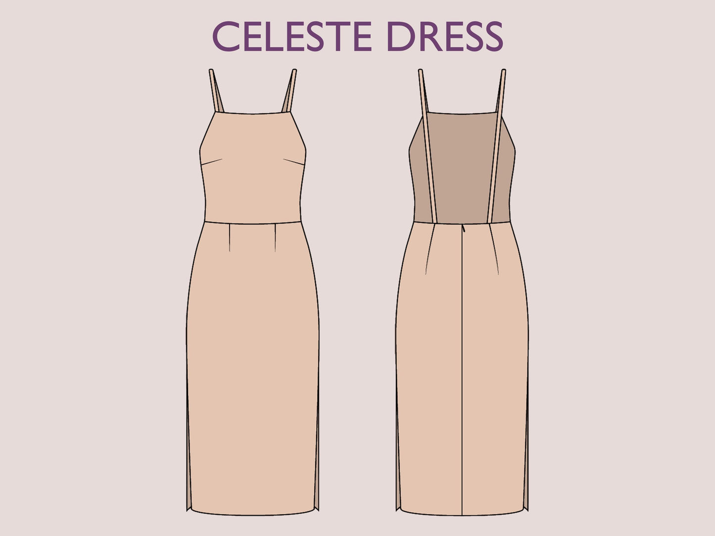 CELESTE Dress - Orchid dress| backless dress pattern | midi dress | Women sleeveless | Square neckline| one piece slit | pdf sewing pattern