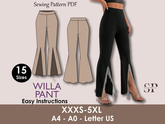 Flared Leg Pant Sewing Pattern: Front Slit Design, 15 Sizes (PDF Download