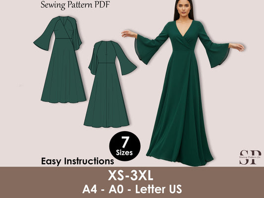 Maxi Wrap Dress Sewing Pattern PDF | Long Bell Sleeve Dress XS-3XL | Elegant Evening Gown Pattern