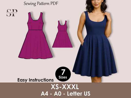 Sleeveless Cocktail Dress with Pockets, Fit and Flare Dress Sewing Pattern PDF, Elegant Skater Dress XS–3XL, Prom or Wedding Guest