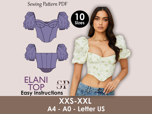 ELANI Top - puff sleeve corset | square Back sewing pattern | Women TOP dress pattern| | bustier Puffed sleeves girl sewing pattern pdf