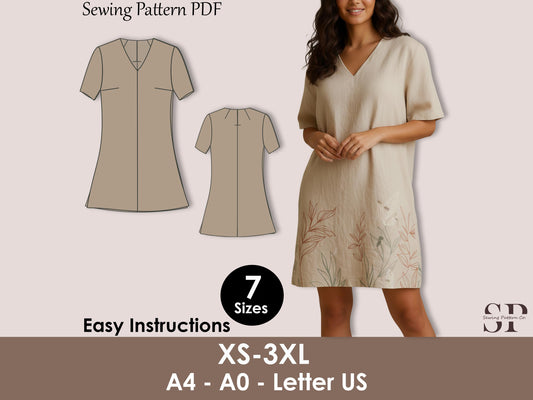 Linen Dress Sewing Pattern PDF – V-Neck Tunic Dress Pattern for Beginners, Loose Fit Summer Dress, Simple Minimalist