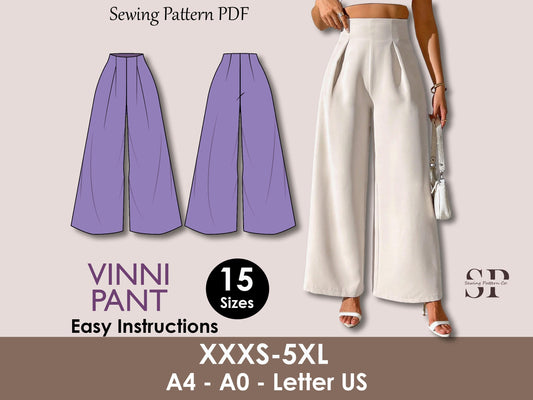 VINNI Pant - High waisted pant | women sewing | Stretch Pants Sewing | Women’s Comfy Pant | Wide leg pant | 15 Sizes| trouser pant