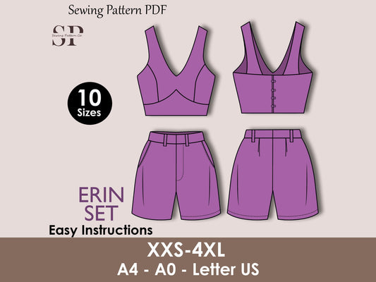 ERIN Set Sewing Pattern PDF, Crop Top & Shorts, Summer Outfit | High-waisted 10 Sizes