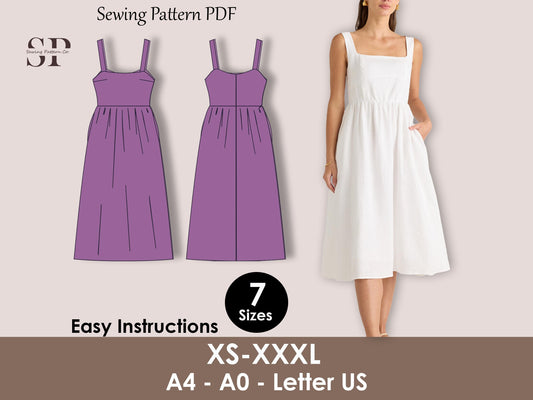 Midi Dress Sewing Pattern PDF | Square Neck with Pockets | Summer Gathered Skirt | Beginner Friendly Straps Dress