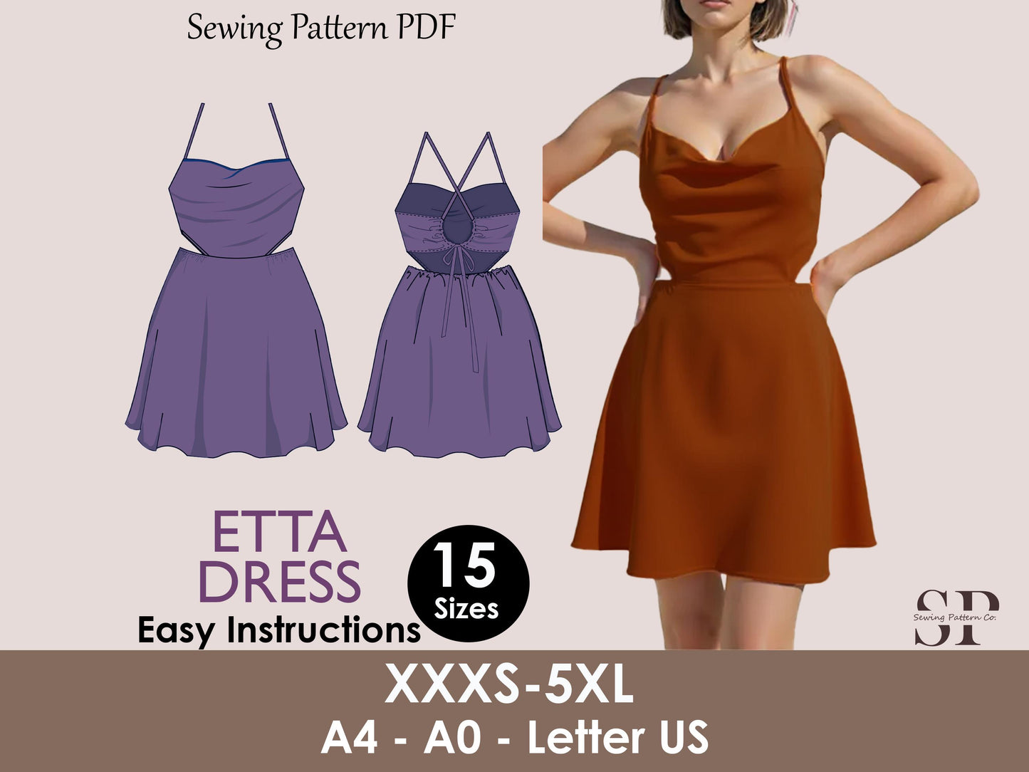 ETTA Dress - cowl neck dress| Summer dress | waist cut | Women sleeveless | fancy back| one piece| hearty cowl neckline | sewing pattern pdf
