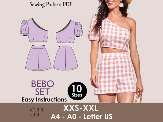 BEBO Set - one shoulder top | high waist short | Women dress pattern| Puffy Sleeve dress, Short dress| sewing Pattern PDF