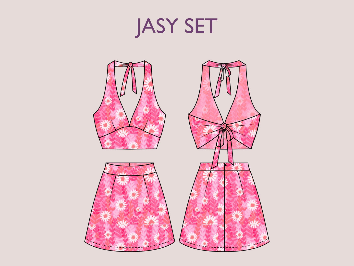 JASY Set - Halter crop top | dress set | Tie-back crop top deep neckline | Sleeveless, Short skirt| Women Summer set sewing Pattern PDF