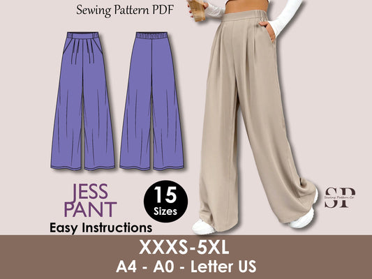 JESS Pant - pleat pant pattern | women pant sewing PDF | classy pant | Women’s Comfy Pant | Wide leg pant | Digital trouser long pant