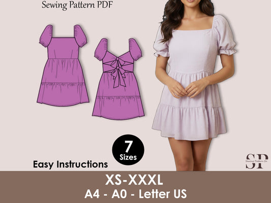 Back Tie Mini Dress Sewing Pattern, Puff Sleeve, Ruffle Tier, Backless Dress - XS-XXXL