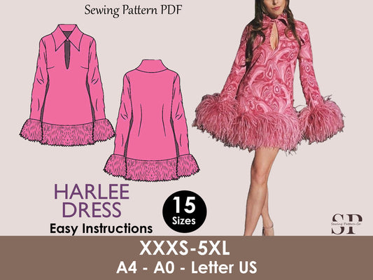 HARLEE dress- Feather dress| collar mini dress | deep v neck| Women summer dress pattern| sewing pattern 90s & 70s classic patron de couture