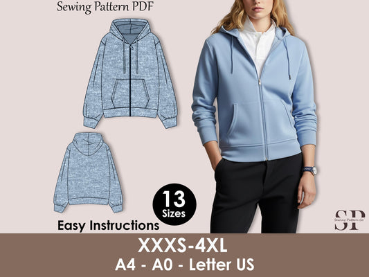 Slouchy Zip-Up Hoodie Sewing Pattern PDF | Oversized Unisex Hoodie with Front Zipper & Pockets | XXXXS–4XL