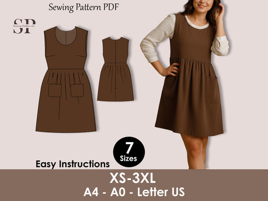 Apron Dress Sewing Pattern PDF, Gathered Waist Sleeveless Dress, Scoop Neck, Gathered Waist, Sleeveless Dress, Back Zipper