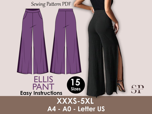 ELLIS Pant- Pant side slit | wide leg classic psnt | 70s, 90s pant| stretchy| casual| Women Trouser sewing pattern| Digital Pants