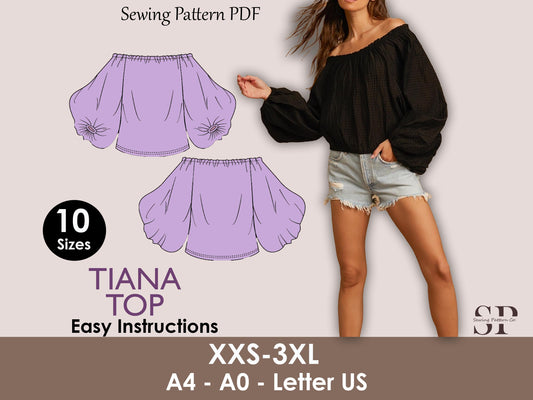 TIANA Top - Off shoulder puffy sleeve top | Top sewing pattern | oversize summer top , Puffed top, women Top digital sewing Pattern PDF