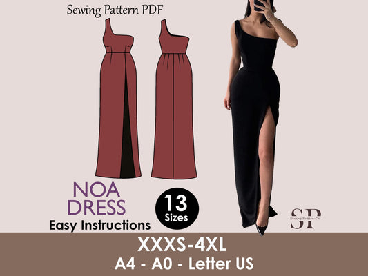 NOA Dress- Slit maxi dress| One shoulder dress | Women dress sewing pattern | long dress sewing pattern | PDF wedding, prom, evening dress