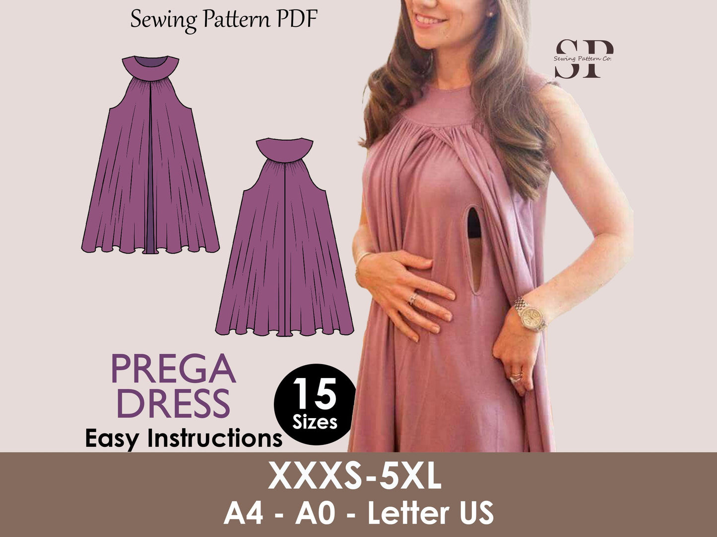 PREGA Dress Pregnancy Flairy dress pattern| nursing dress pattern| Highneck skirt| Nursing dress pattern| women dress Top sewing pattern PDF
