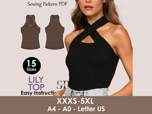 LILY Top - Minimalist top | Halter top pattern | Sleeveless, Cutout, Cross Front| women Top digital sewing Pattern PDF crop top blueprint