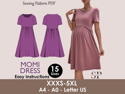 MOMI Dress - Pregnancy dress pattern| High neck skirt| Nursing dress pattern| easy beginner women dress Top sewing pattern PDF