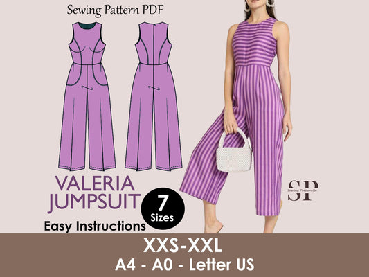 VALERIA Jumpsuit - Summer romper | Round Neckline | Women Long jumpsuit pattern| Sleeveless, short dress| sewing Pattern PD,F broad pant