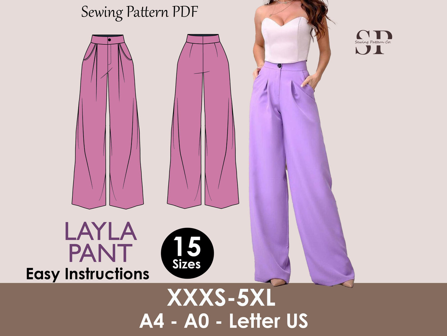 LAYLA Pants Sewing Pattern PDF | Wide Leg Trousers with Pockets | High Waist Pants | Digital Pattern | 15 Sizes XXXS–5XL | women, girl