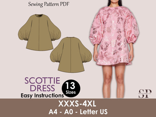 SCOTTIE Dress - Puffy sleeve dress| Oversize dress | mini puffy dress | Women | Round neckline| one piece | pdf sewing pattern