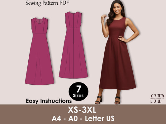 Sleeveless Midi Dress Sewing Pattern PDF, A-Line Summer Sundress XS-3XL, High Waist with Pockets