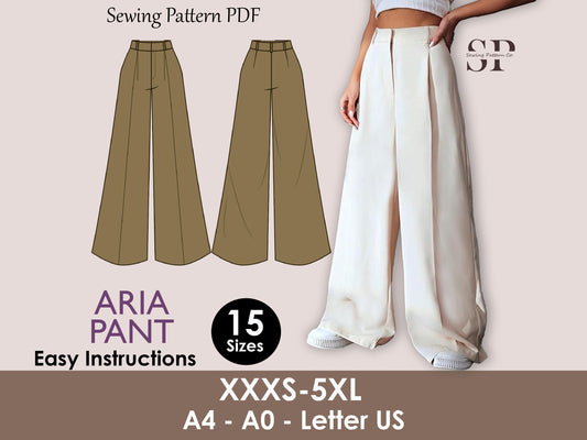 ARIA Pant Sewing Pattern | Wide Leg High Waist Trousers PDF | Women sewing pattern | Women’s Digital Pants Pattern | 15 sizes