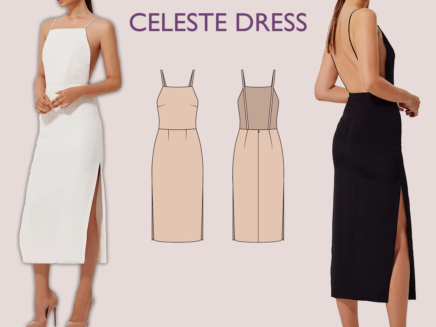 CELESTE Dress - Orchid dress| backless dress pattern | midi dress | Women sleeveless | Square neckline| one piece slit | pdf sewing pattern