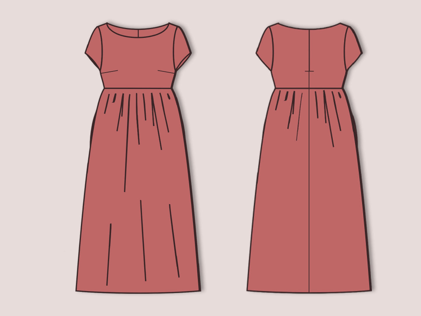 Boat Neck Midi Dress with Pockets, Summer Smock, Linen Sewing Pattern PDF, XS–3XL