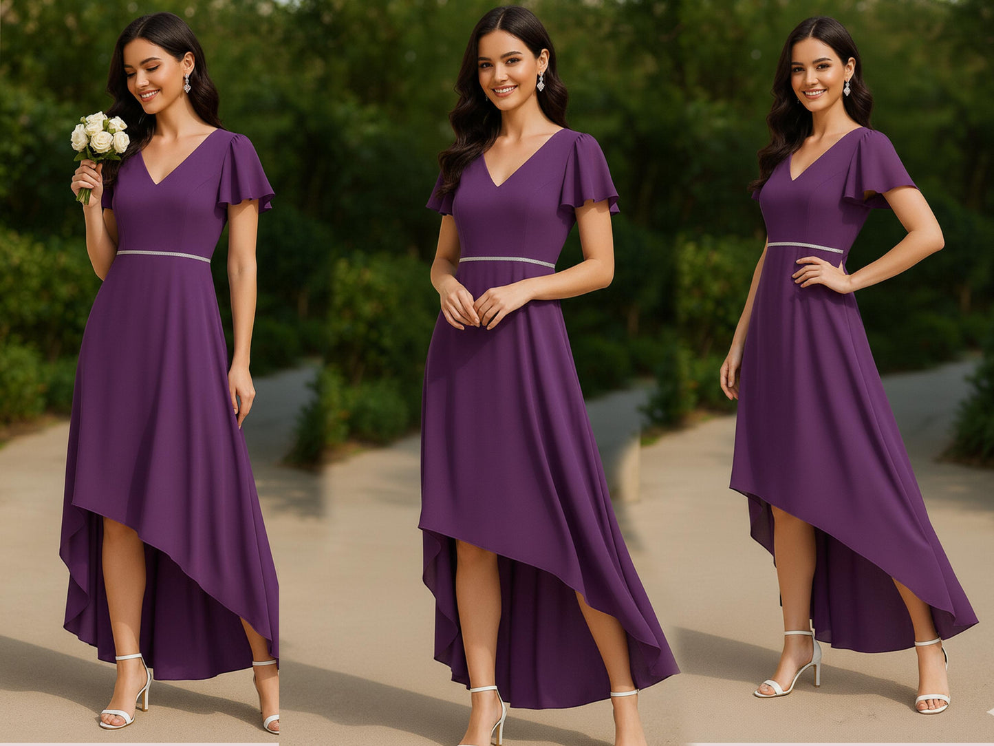 Bridesmaid Dress Sewing Pattern PDF, High Low Hem Dress with Flutter Sleeves, V Neck Formal Gown, Wedding Guest Dress XS-3XL