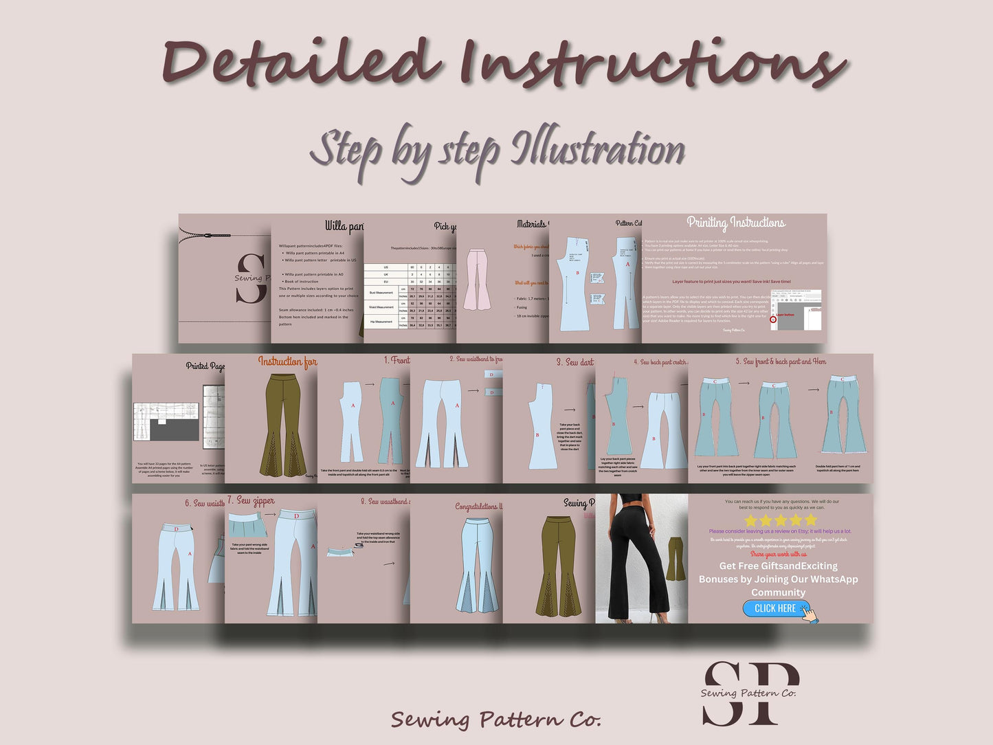 Flared Leg Pant Sewing Pattern: Front Slit Design, 15 Sizes (PDF Download