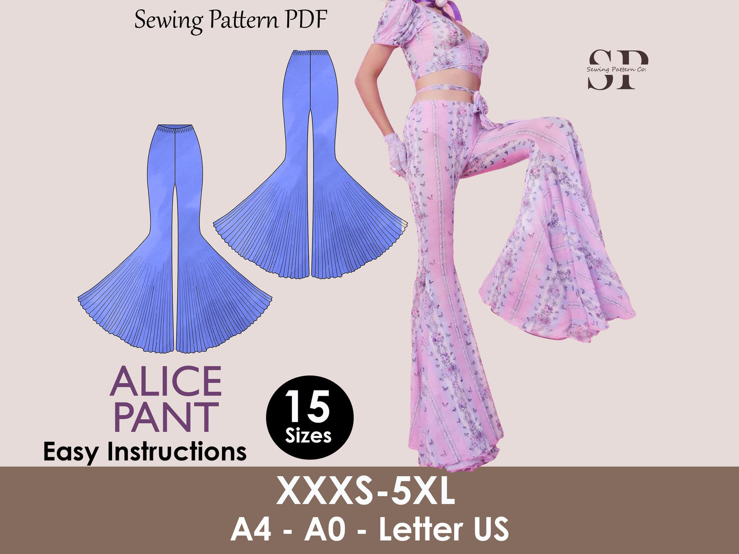 ALICE Pant PDF Pattern | Boho Flare Pants | Stretch Pants Sewing | Women’s Comfy Pant | Flairy Lounge Pants | 15 Sizes| Wide bottom legs